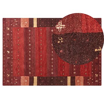 Area Rug Red Wool 140 X 200 Cm Thick Dense Pile Traditional Rustic Pattern Log Cabin Farmhouse Style Beliani