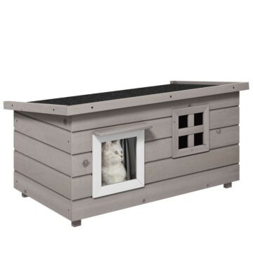 Pawhut Wooden Cat House Outdoor, Elevated Cat Shelter Kennel, Pet Play House With Openable Top, Asphalt Roof, Window, Grey