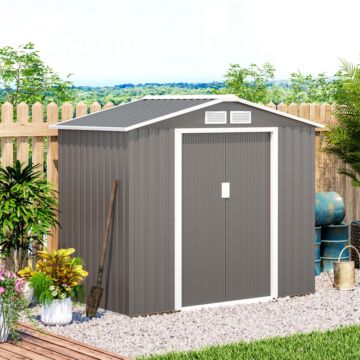 Outsunny 7ft X 4ft Lockable Garden Metal Storage Shed Storage Roofed Tool Metal Shed W/ Air Vents Steel Grey
