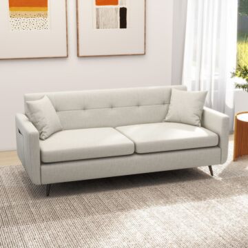 Homcom 165cm 2 Seater Sofa, Modern Fabric Couch, Tufted Loveseat Sofa Settee W/ Steel Legs, 2 Storage Pockets, Beige