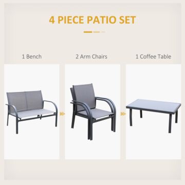 Outsunny 4 Pcs Curved Steel Patio Furniture Set W/ Loveseat, Texteline Seats, Glass Top Table For Party Event, Grey