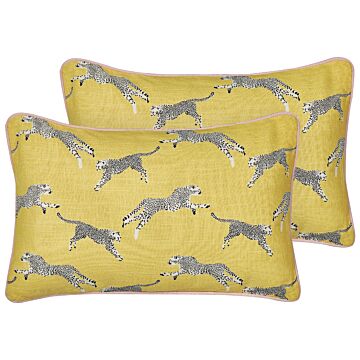 Set Of 2 Scatter Cushions Yellow Cotton 30 X 50 Cm Cheetah Motif Printed Pattern Beliani