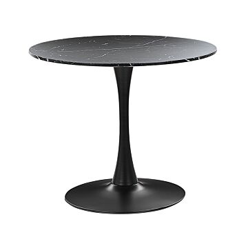 Dining Table Black Marble With Black Mdf Top Metal Base 90 Cm Industrial Round Kitchen Table Beliani