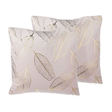 Set Of 2 Decorative Cushions Pink Velvet Leaf Pattern 45 X 45 Cm Gold Foil Print Decor Accessories Beliani