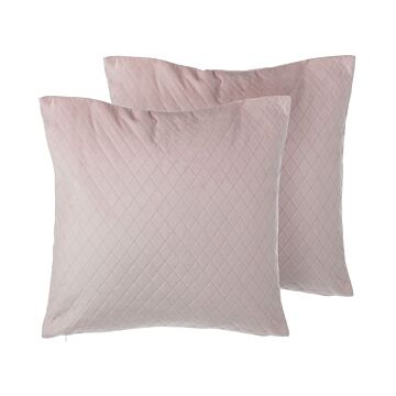 Set Of 2 Decorative Cushions Pink Velvet Diamond Quilted 45 X 45 Cm Glamour Beliani