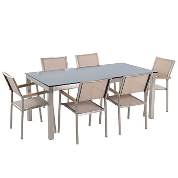 Garden Dining Set Beige With Black Glass Table Top 6 Seats 180 X 90 Cm Beliani