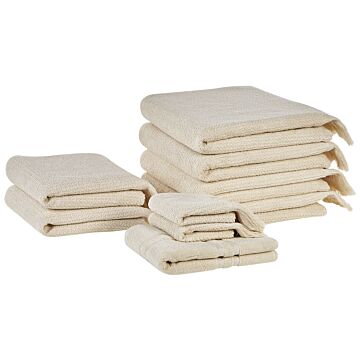 Set Of 9 Bath Towels Beige Terry Cotton Polyester Tassels Texture Bath Towels Beliani