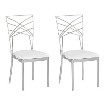 Set Of 2 Dining Chairs Silver Metal Faux Leather White Seat Pad Accent Industrial Glam Style Beliani