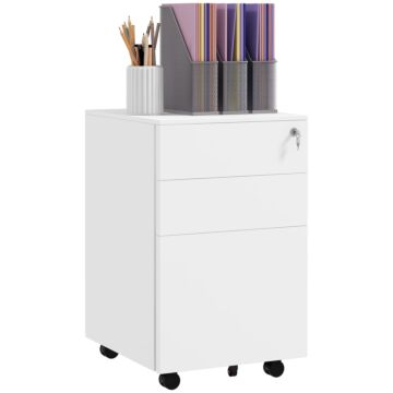 Vinsetto 3-drawer Vertical Filing Cabinet With Lock And Pencil Tray, Steel Mobile File Cabinet With Adjustable Hanging Bar For A4, Legal And Letter Size, White