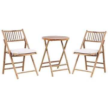Garden Bistro Set Light Wood With Off-white Cushions Tea Table 2 Folding Chairs Uv Resistant Beliani