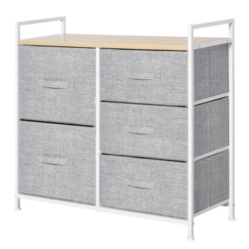 Homcom 5 Drawer Linen Storage Chest Home Organisation W/ Shelf Handles Metal Frame Adjustable Feet Hallway Home Dresser Grey