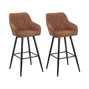 Set Of 2 Bar Stool Brown Fabric Upholstered With Arms Quilted Backrest Black Metal Legs Beliani