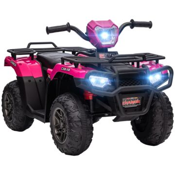 Homcom 12v Kids Quad Bike With Forward Reverse Functions, Ride On Atv With Music, Led Headlights, For Ages 3-5 Years - Pink