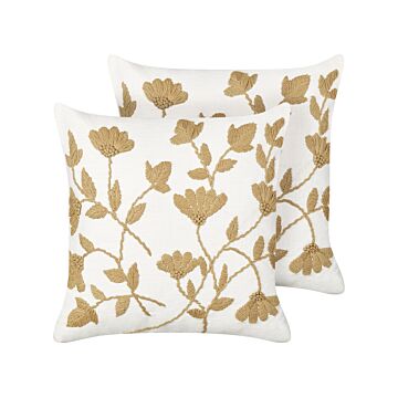 Set Of 2 Scatter Cushions White And Beige Cotton 45 X 45 Cm Handmade Throw Pillows Embroidered Floral Pattern Flower Motif Removable Cover Beliani