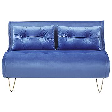 Sofa Bed Navy Blue Velvet 2 Seater Fold-out Sleeper Armless With 2 Cushions Metal Gold Legs Glamour Beliani