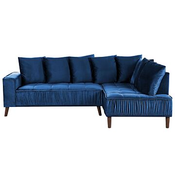 Corner Sofa Navy Blue Velvet Fabric Cushions Metal Legs With Wood Finish Beliani