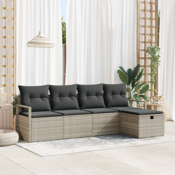 Vidaxl 5 Piece Garden Sofa Set With Cushions Light Grey Poly Rattan, Vidaxl 2-seater Garden Sofa With Cushions Grey Poly Rattan