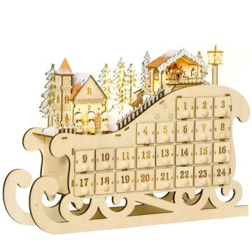 Homcom Christmas Advent Calendar, Light Up Table Xmas Wooden Sled Holiday Decoration With Countdown Drawer, Village, Natural Wood Color