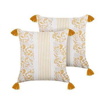 2 Scatter Cushions Yellow And White 45 X 45 Cm Hand Block Print Removable Covers Zipper Floral Pattern Beliani
