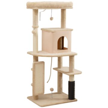 Pawhut 132cm Cat Tree W/ Scratching Posts, Pad, Cat Bed, Cat House, Jumping Platform, Grooming Brush, Anti-tip Kit, Beige