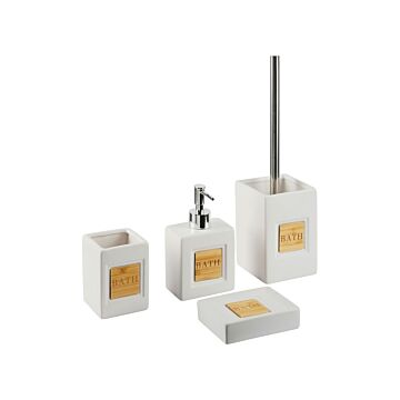 Bathroom Accessories Set Beige Dolomite Matt Minimalist Soap Dispenser Toilet Brush Container Tumbler Beliani