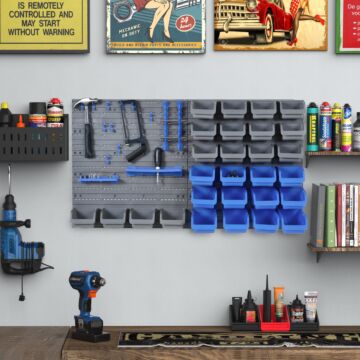 Durhand 44 Piece Wall Mounted Tool Rack Organiser Storage Bins And Panel Set With Shelf Hook Screws Accessories Blue