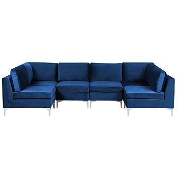 Modular Sofa Blue Velvet U Shape 6 Seater Silver Metal Legs Glamour Style Beliani