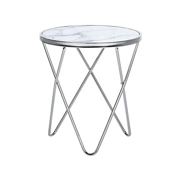 Side Table White Marble Effect Tempered Glass Top Silver Metal Hairpin Legs Round Shape Beliani