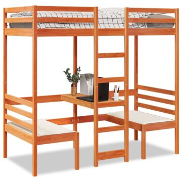 Vidaxl Loft Bed Frame With Desk And Chairs Wax Brown 90x190cm Solid Wood Pine