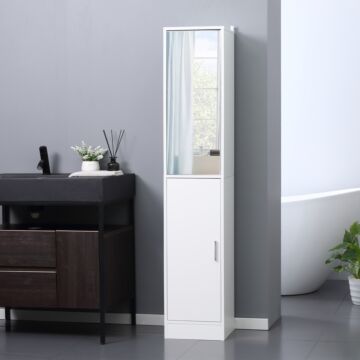 Kleankin Tall Mirrored Bathroom Cabinet, Bathroom Storage Cupboard, Floor Standing Tallboy Unit With Adjustable Shelf, White