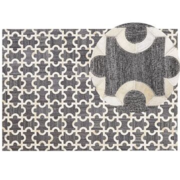 Area Rug Grey And Beige Jacquard Cowhide Leather Puzzle Geometric Pattern Retro 160 X 230 Cm Beliani