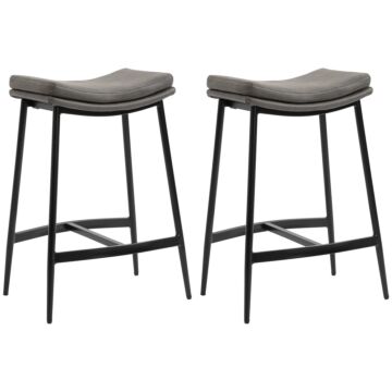 Homcom Kitchen Stools Set Of 2, Microfibre Upholstered Barstools, Industrial Bar Chairs With Curved Seat And Steel Frame