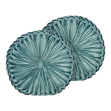 Set Of 2 Decorative Cushions Teal Fabric With Pleats Round 40 Cm Minimalist Modern Decor Accessories Beliani
