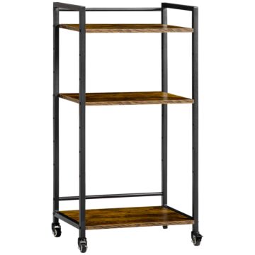 Homcom 3-tier Printer Stand, Utility Cart, Rolling Trolley With Adjustable Shelves With Lockable Wheels For Home Office, Rustic Brown