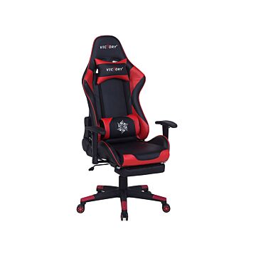 Gaming Chair Black Red Faux Leather Swivel Adjustable Armrests And Height Footrest Modern Beliani