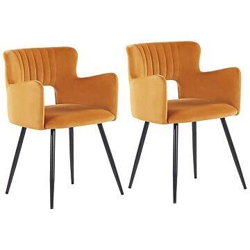 Set Of 2 Chairs Dining Chair Orange Velvet With Armrests Cut-out Backrest Black Metal Legs Beliani