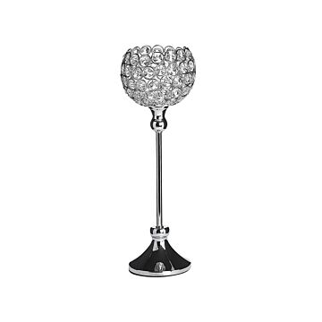 Tealight Candle Holder Silver Metal Bowl-shaped Shade With Glass Crystals 27 Cm Glamour Accent Piece Decoration Table Centrepiece Beliani