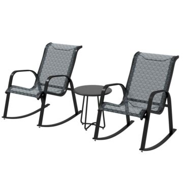 Outsunny 3 Pcs Garden Rocking Set W/ 2 Armchairs, Metal Top Coffee Table, Patio Bistro Set W/ Curved Armrests, Breathable Mesh Fabric Seat, Mixed Grey