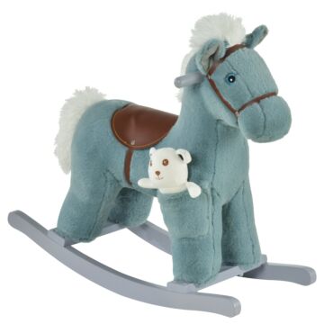 Homcom Baby Wooden Rocking Horse With Plush Toy Realistic Sounds, Kids Plush Ride-on Rocking Horse Toy For Child 18-36 Months, Blue