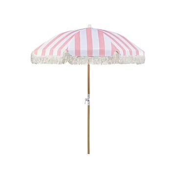 Garden Parasol Pink And White Fabric Beech Wood Pole ⌀ 150 Cm Round Retro Garden Outdoor Umbrella Tilting Uv Resistant Beliani