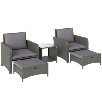 Outsunny Five Piece Rattan Garden Furniture Set With 2-tier Coffee Table And Ottomans - Grey