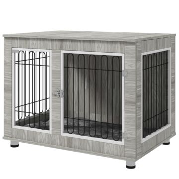 Pawhut Indoor Dog Kennel W/ Soft Cushion, Double Door For Large Dogs, 106 X 74 X 81.5cm, Grey