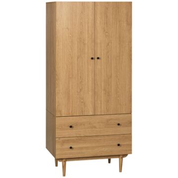 Homcom Wardrobe With 2 Doors, 2 Drawers, Hanging Rail For Bedroom Clothes Storage Organiser, 80x52x180cm, Natural Tone