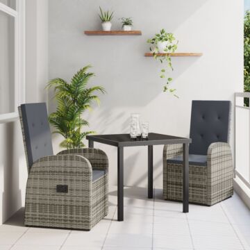 Vidaxl 3 Piece Garden Dining Set With Cushions - Grey Poly Rattan