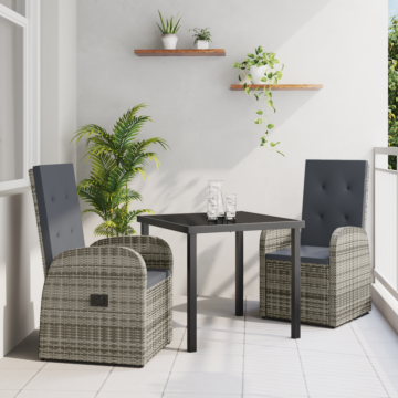 Vidaxl 3 Piece Garden Dining Set With Cushions - Grey Poly Rattan