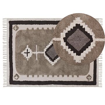 Area Rug Beige Cotton 140 X 200 Cm Tufted Traditional Abstract Pattern Tassels Living Room Bedroom Beliani