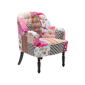 Armchair Multicolour Pink Fabric Patchwork Club Chair Button Tufted Wooden Legs Beliani