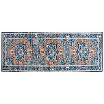 Runner Rug Blue And Orange Polyester 80 X 200 Cm Geometric Oriental Pattern Anti-slip Bottom Modern Hallway Beliani