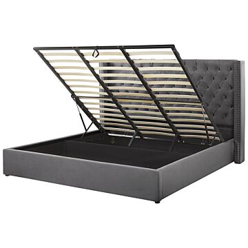 Bed Frame With Storage Grey Velvet Upholstered 6ft Eu Super King Size High Headboard Beliani