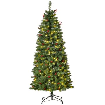Homcom 5ft Prelit Artificial Pencil Christmas Tree With Warm White Led Light, Red Berry, Holiday Home Xmas Decoration, Green